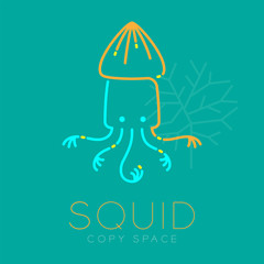 Squid and Coral logo icon outline stroke set dash line design illustration blue orange and yellow color isolated on green turquoise background with Squid text and copy space, vector eps10