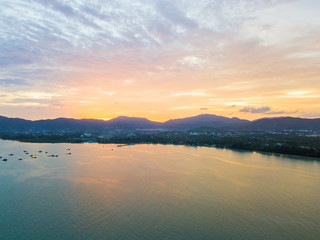 Aerial view of a beautiful sunset on the sea landscape