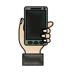 silhouette of colored pencils of hand holding smartphone