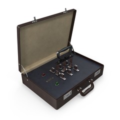 3D rendering of briefcase with built-in retro knife switch and indicator lights. Isolated on white background.