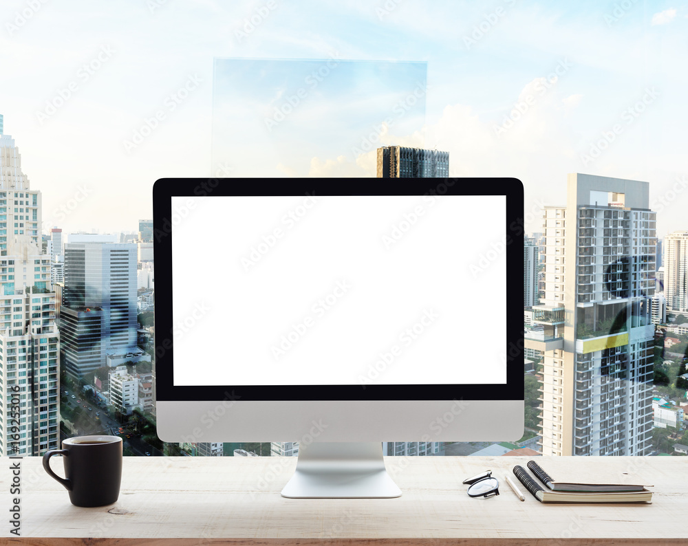 Poster desktop computer white frame on work table in office place city background