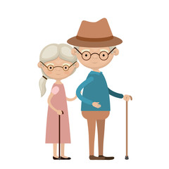 colorful full body elderly couple in walking stick grandmother side ponytail hairstyle in dress and grandfather with hat and glasses