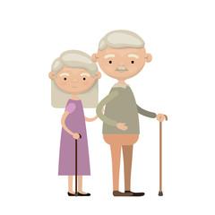 colorful full body elderly couple in walking stick grandmother straight hairstyle in dress and grandfather with moustache