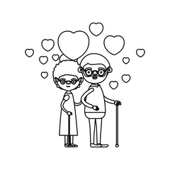 sketch silhouette of caricature full body elderly couple embraced with floating hearts grandfather in walking stick and grandmother with collected hair