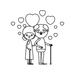 sketch silhouette of caricature full body elderly couple embraced with floating hearts bearded grandfather in walking stick and grandmother with bun hair