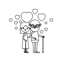 sketch silhouette of caricature full body elderly couple embraced with floating hearts bearded grandfather in walking stick and grandmother with wavy hair