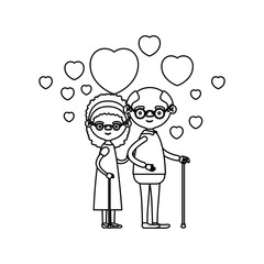 sketch silhouette of caricature full body elderly couple embraced with floating hearts grandfather with glasses in walking stick and grandmother with bow lace and curly hair