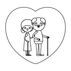 sketch silhouette of heart shape greeting card with caricature full body elderly couple embraced bearded grandfather in walking stick and grandmother with curly collected hair