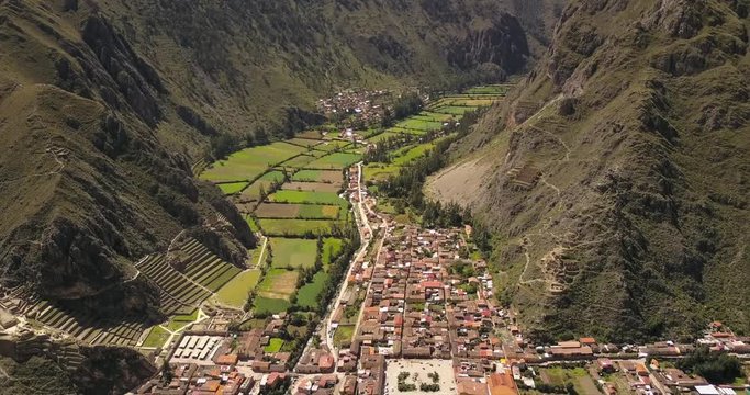 Ollantaytambo Peru Aerial v5 Flying over small town panning down