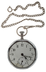 Vintage pocket watch with chain isolated on white background.