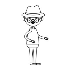 sketch silhouette of full body elderly man in clothes with moustache and hat with glasses