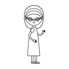 sketch silhouette of full body elderly woman in dress with bow lace and curly hairstyle with glasses
