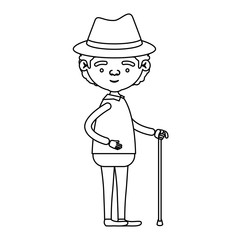 sketch silhouette of full body grandfather in walking stick with curly hair
