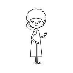 sketch silhouette of full body elderly woman in walking stick with dress and curly side bun hairstyle