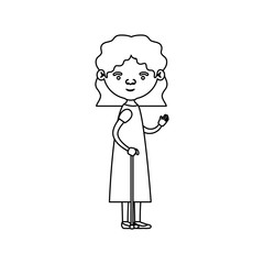 sketch silhouette of full body elderly woman in walking stick with dress and wavy short hairstyle