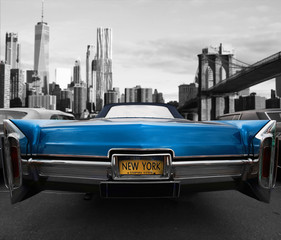 Retro old car red color on the road in New York