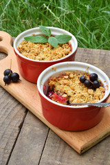 Fruits casserole or crumble with apples and berries in brown cup ramekin on wooden background. Copy space. Photographing with natural light