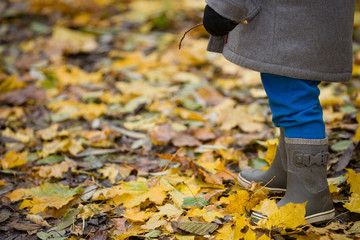 Fototapeta na wymiar Closeup of toddler's rubber boots on bright autumn leaves background. Child walking in the park.