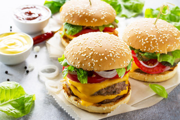 A delicious fresh homemade hamburger on a slate or stone table. Double cheeseburger with the meat cutlet and vegetables. Street food, fast food.
