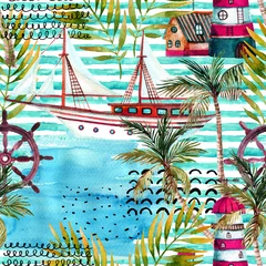 Poster Aquarel avontuur naadloos patroon in mariene stijl. © Tanya Syrytsyna