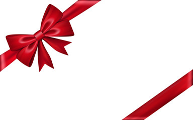 Gift bow ribbon silk. Red bow tie isolated on white background. 3D gift bow tie for Christmas present, holiday decoration, birthday celebration. Decorative satin ribbon element Vector illustration
