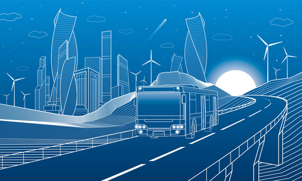 Highway in mountains. Bus rides over the overpass. Tower and skyscrapers, modern city, business buildings. Night scene. White lines on blue background. Windmills power. Vector design art