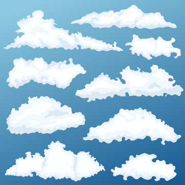 Cartoon cloud vector set. Clouds on a background of dawn.