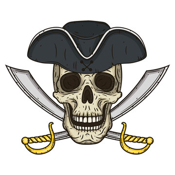 Vector Single Cartoon Pirate Skull in hat with Cross Swords.