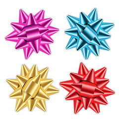 Obraz premium Gold, red, pink, blue bow ribbons set. Decor element. Shiny template gift present, holiday design, isolated white background. Symbol Christmas, New Year celebration, birthday Vector illustration