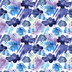 Watercolor seamless pattern of rainy clouds