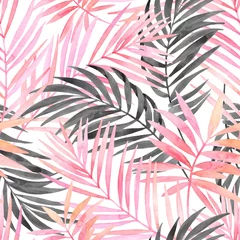 Fotobehang Aquarel natuur Aquarel roze gekleurd en grafisch palmblad schilderij.