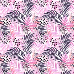 Foto op Plexiglas Aquarel roze gekleurd en grafisch palmblad schilderij. © Tanya Syrytsyna