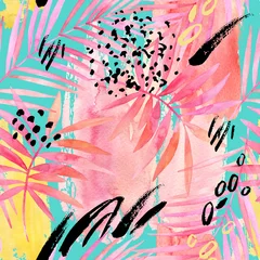 Gordijnen Aquarel roze gekleurd palmblad en grafische elementen schilderen. © Tanya Syrytsyna