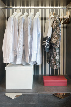 Modern style wardrobe with shirts and dress inside