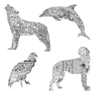 4 animals, symbolizing different countries. Wolf with Turkish patterns, dolphin with Greek, wolfhound with Irish and Condor with Ecuadorian patterns.