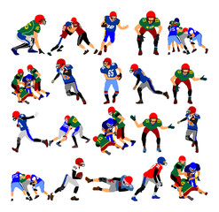 Fototapeta na wymiar American football players in duel action, vector illustration. College rugby player profile. Big group of different position of American football players.