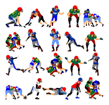 American football players in duel action, vector illustration. College rugby player profile.
Big group of different position of American football players.