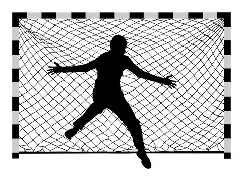 Handball (soccer) goalkeeper silhouette vector. Goalkeeper silhouette, black icon and net isolated on white background. 