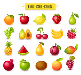 Set of fruits and berries, glossy cartoon vector illustration