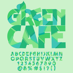 Vector green leaf alphabet. Graphic font with text Eco news