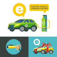 Naklejka premium Electric car at a charging station. Service electric vehicles. The car as a gift. Vector illustration. Flat style.