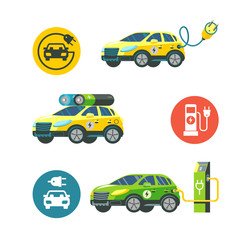 Electric car at a charging station. Service electric vehicles. Vector illustration. Flat style. Vector icons.