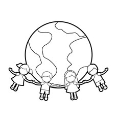Children holding hands around the world vector illustration design