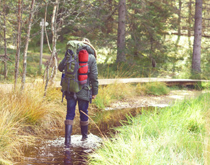 Young, strong man in rubber boots walking through swamps in forest. Camp, tourism, hiking concept.