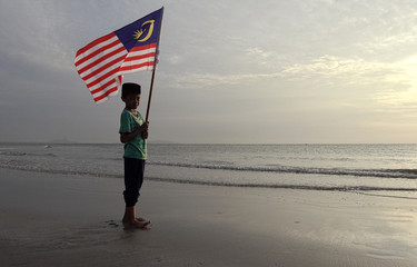 The Concept of Independence Day - a boy holding the Malaysian flag on the shore