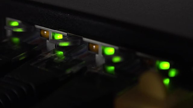 Network switch with blinking LEDs (4K footage)