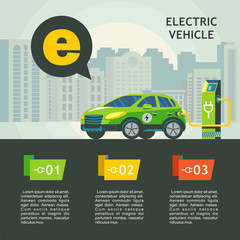 Green electric car at charging station. The background of urban landscape. Vector illustration.