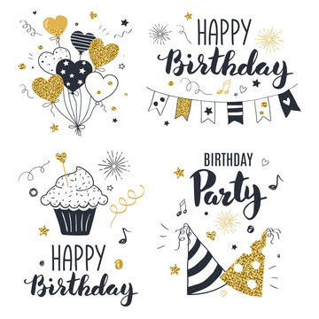 Set of birthday greeting cards design, black and gold colors, hand drawn style