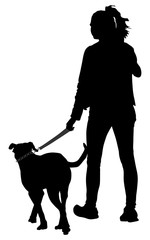 Owner lady and dog walking in the city. Woman walking with dog vector silhouette illustration. isolated on white background.