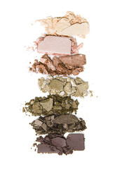 A smashed, neutral toned eyeshadow make up palette isolated on a white background